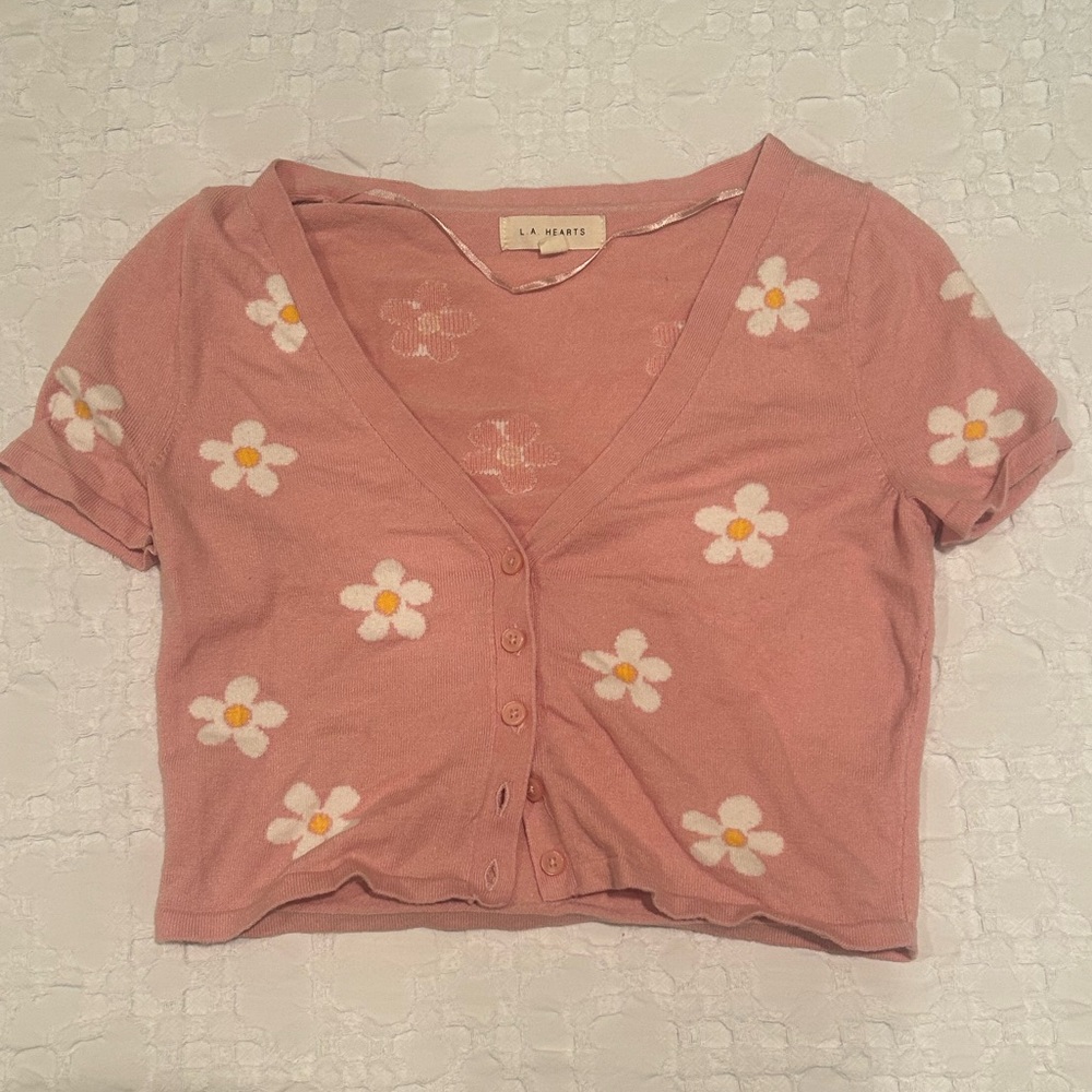 LA hearts pink flower cropped button up sweater top
